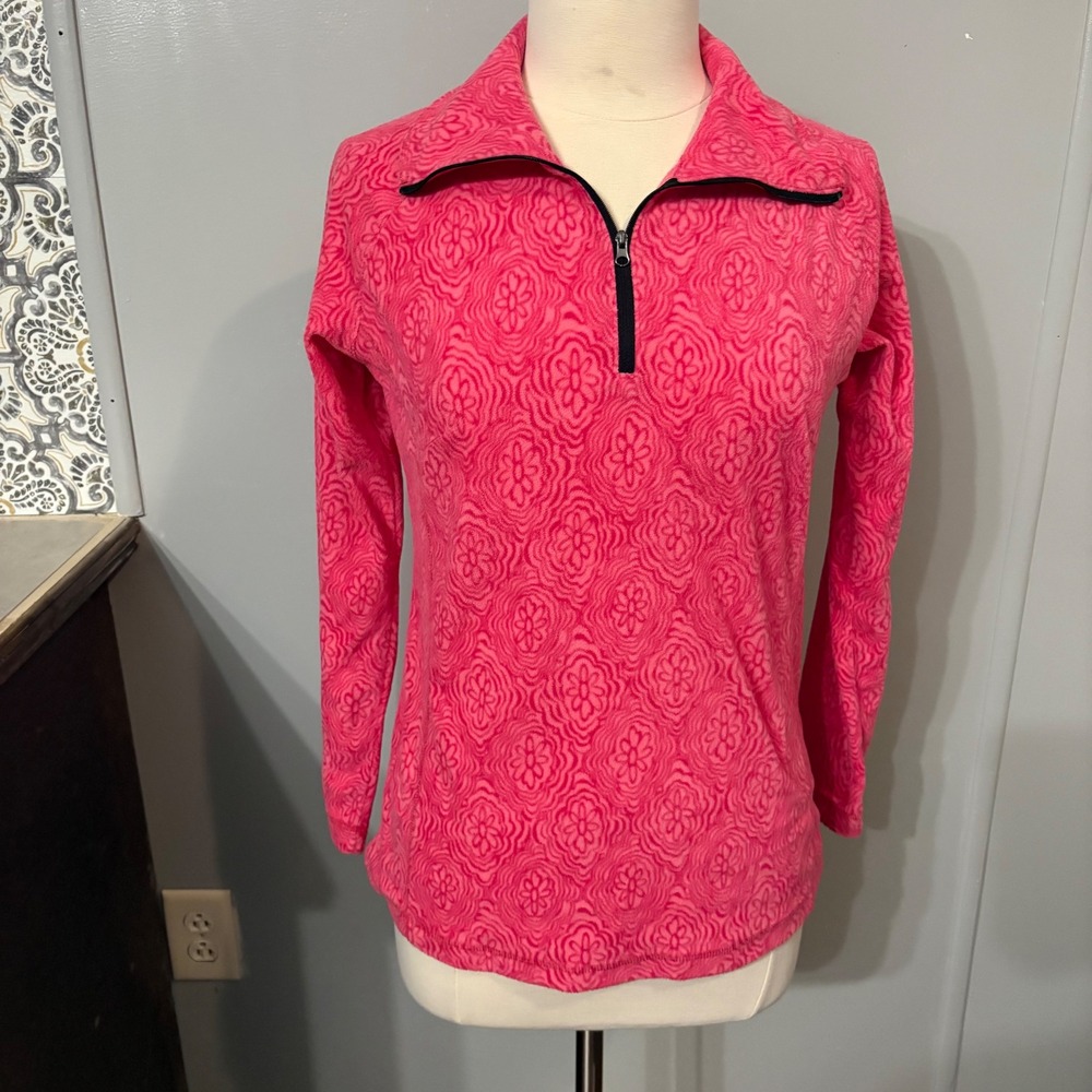 Columbia Pink Floral Quarter Zip Pullover Fleece Jacket (Women's Medium)